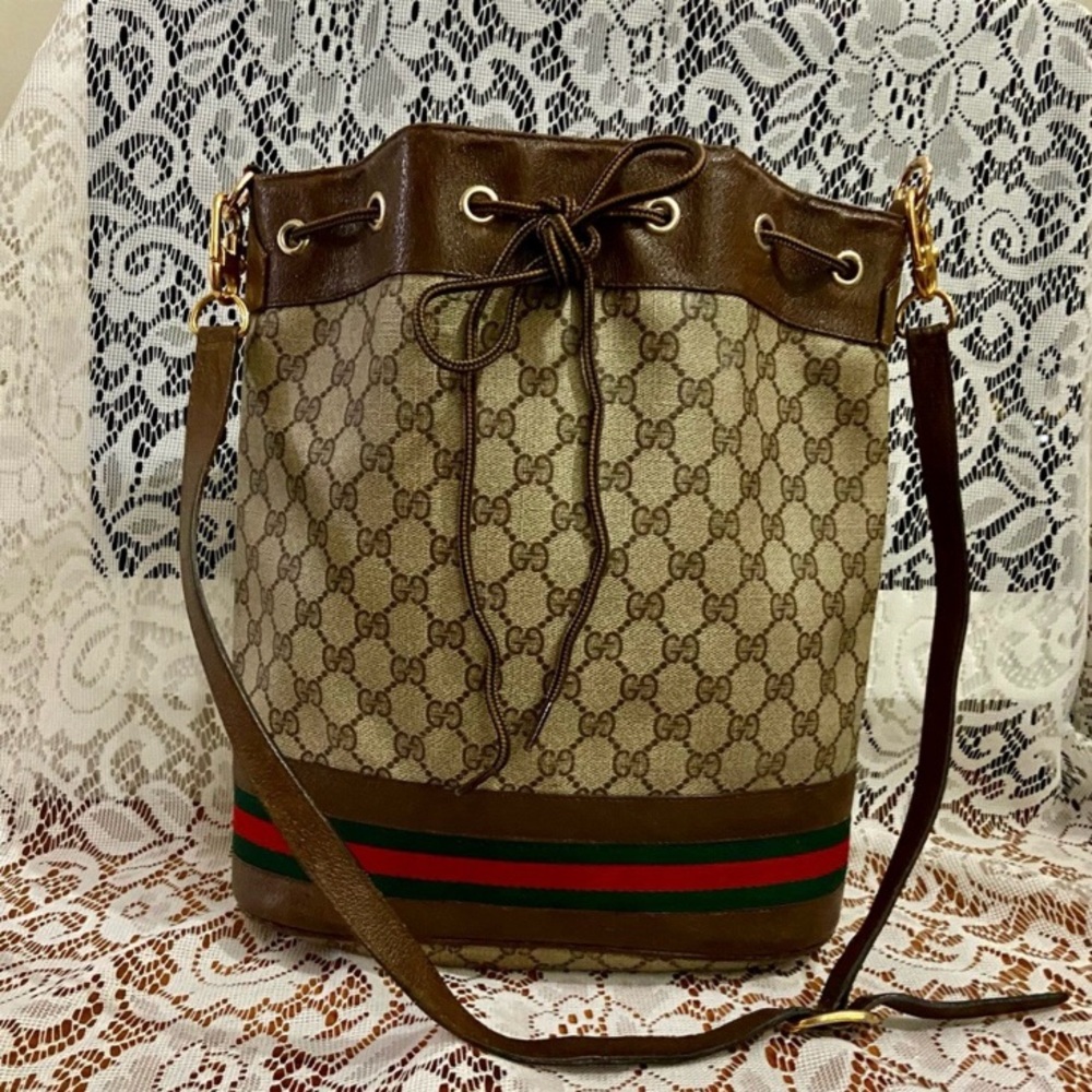 Vintage, Gucci, Brown Mono Coated Canvas Sherry Line Drawstring Shoulder Bag